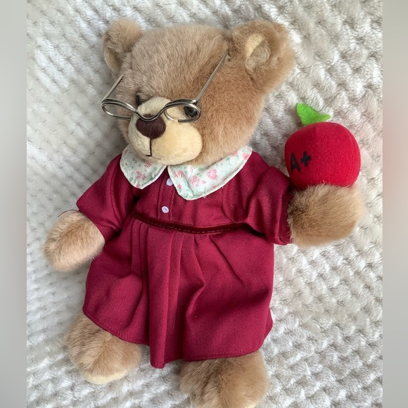 Artapower Plush Teacher Bear w Glasses and Apple in Red Dress Stuffed Animal Toy - Picture 3 of 12